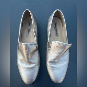 Karl Lagerfeld Gold Leather Loafers | Metallic Finish | Size 9.5M